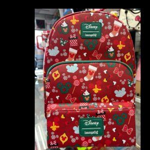 Loungefly Mickey Mouse All Over Christmas Print Mini Backpack W/Wallet NEW